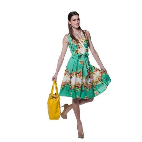 Blue Bird Floral Print Fit & Flare Dress w/Tie Size 12 Summer Fall Wedding Party - Picture 8 of 8